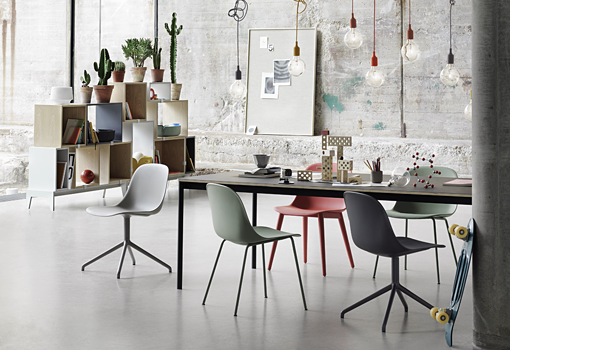 Fiber side chairs, base table, e27 lamps and stacked modules by Muuto.
