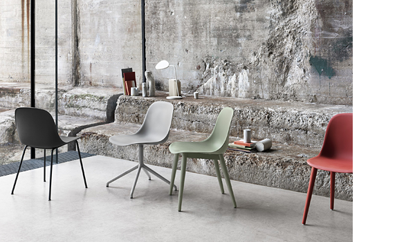 Fiber side chairs with wood base, swivel base and tube base by Muuto.