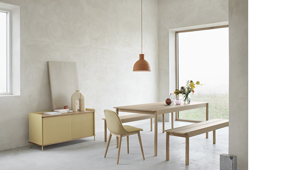 Fiber side chair with wood base. linear table and bench, unfold lamp by Muuto.