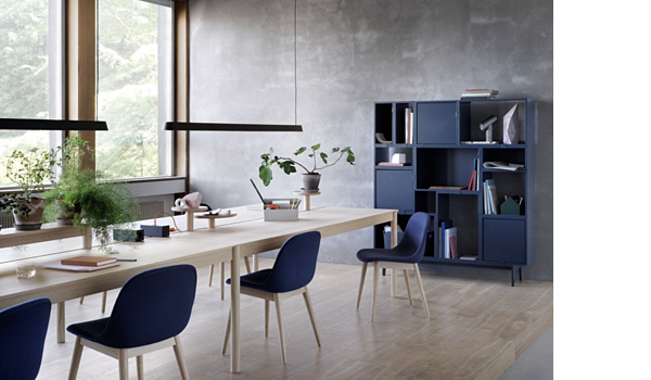 Fiber side chairs with wood base and linear tables by Muuto.