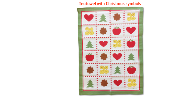 Tea towel with Christmas symbols.